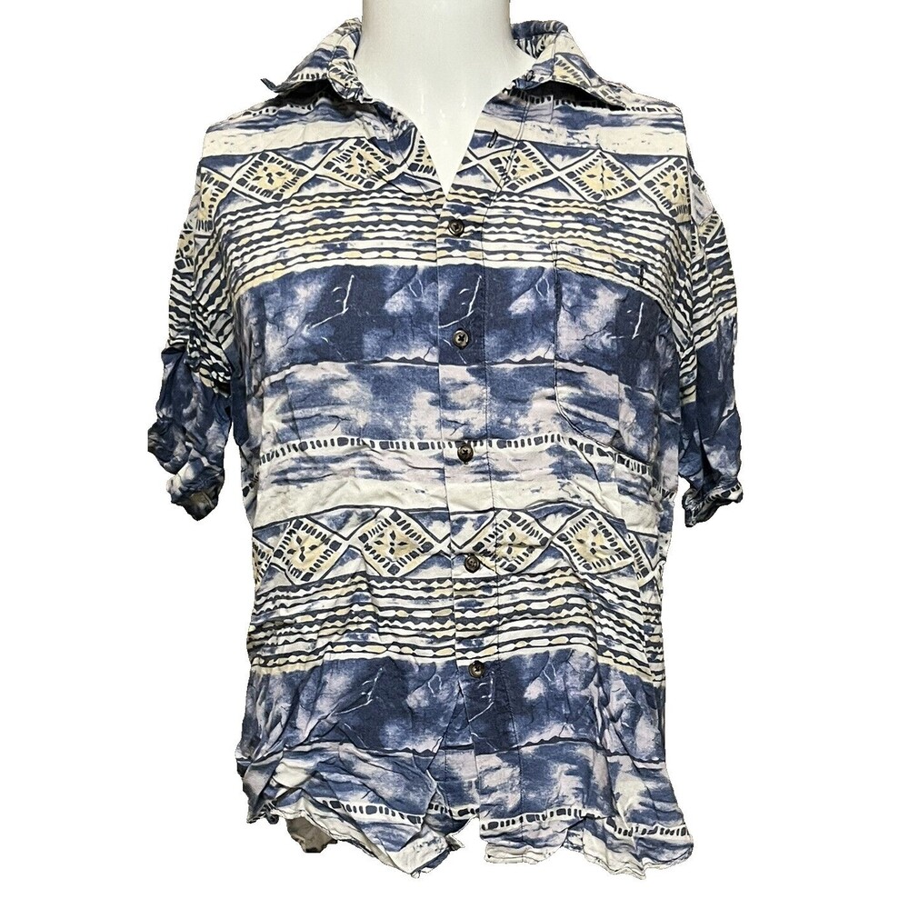 Expressions Hawaiian Shirt Vintage 90s Short Sleeve Rayon Blue Watercolor Medium